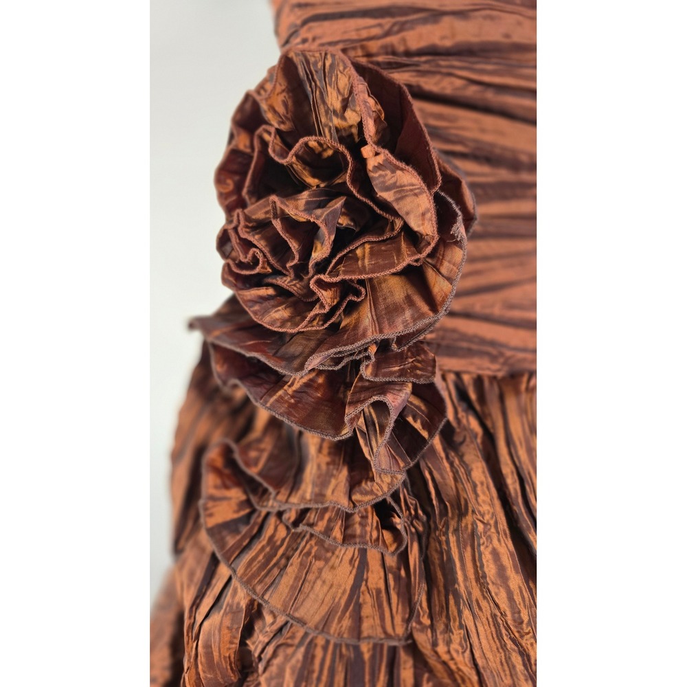 Vintage Bronze Metallic Strapless Tiered Ruffle Floral Formal Ballgown Gown - Picture 4 of 12